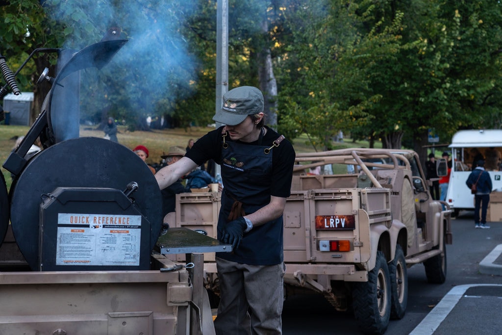 Parachute Landing pulled pork and brisket burgers served at Anzac Day 2026